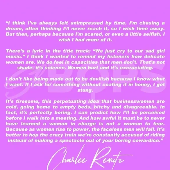 Text excerpt by Charlee Remitz, discussing women, time, and business, with signature at bottom.