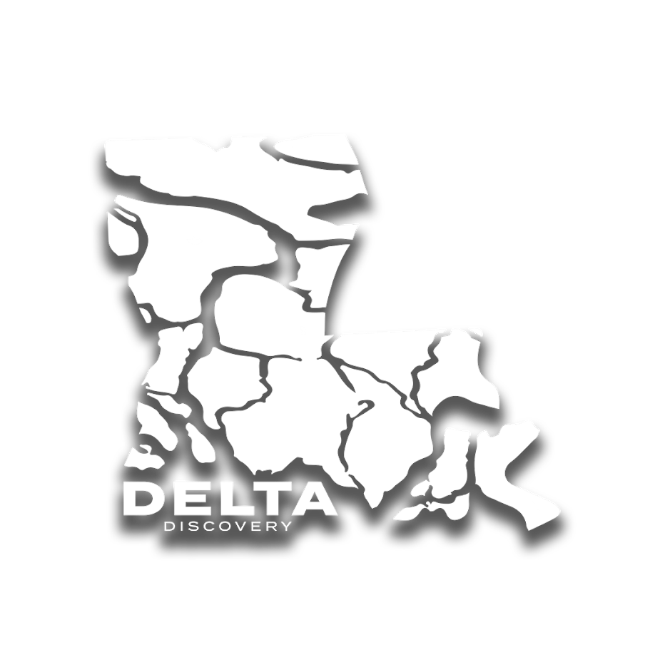 A white outline of the state of Louisiana, fragmented into puzzle pieces, with the text