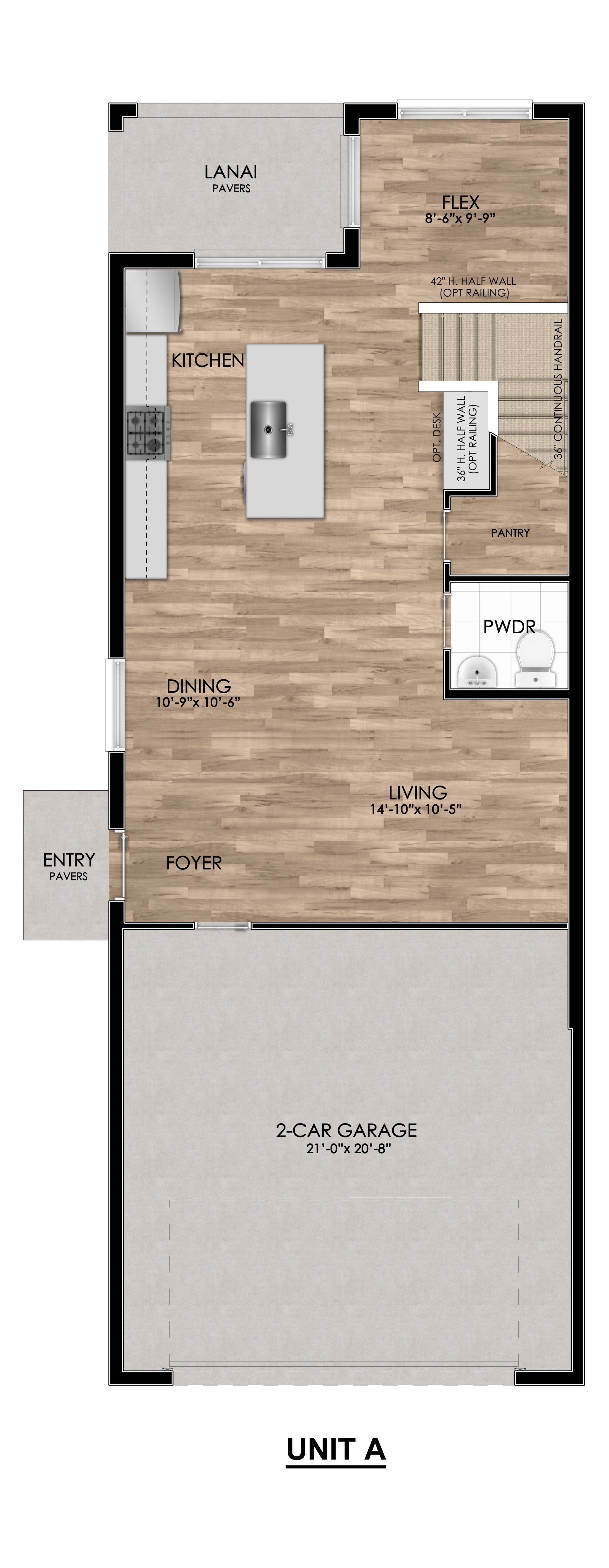 Brentwood Landing first-floor plan showing living room, kitchen, dining area, and entry.