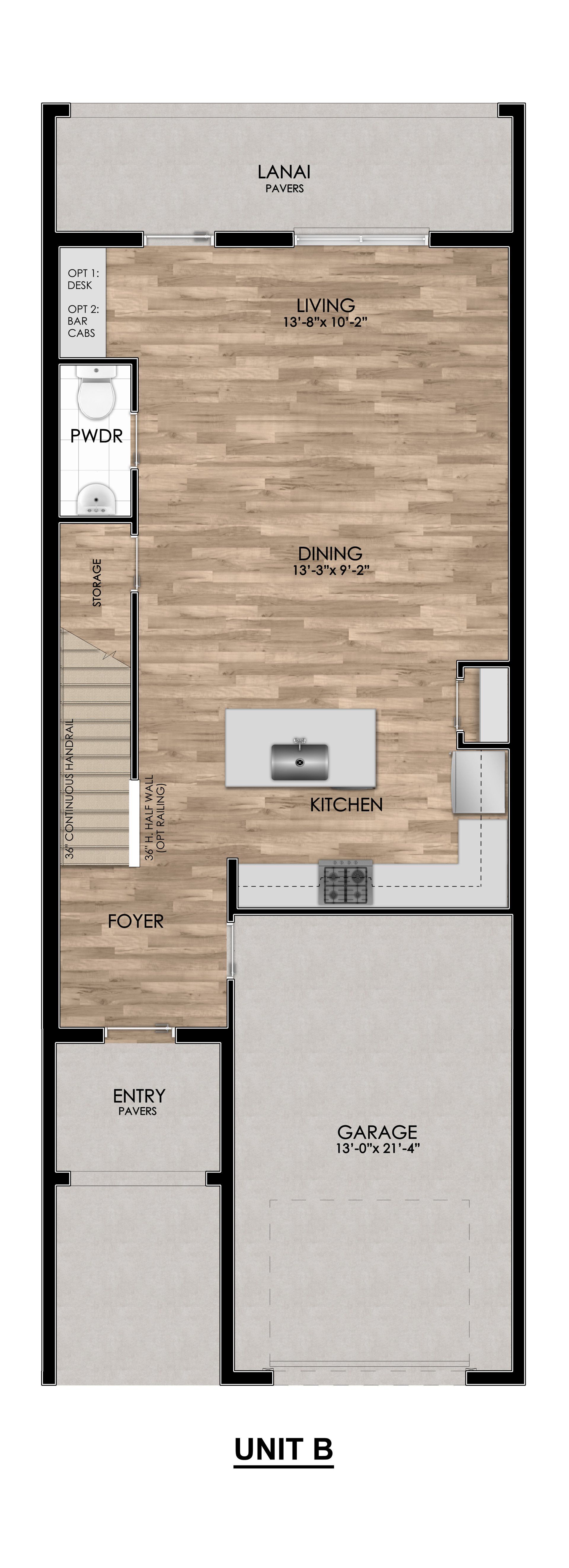 Brentwood Landing first-floor plan design featuring open living area and kitchen