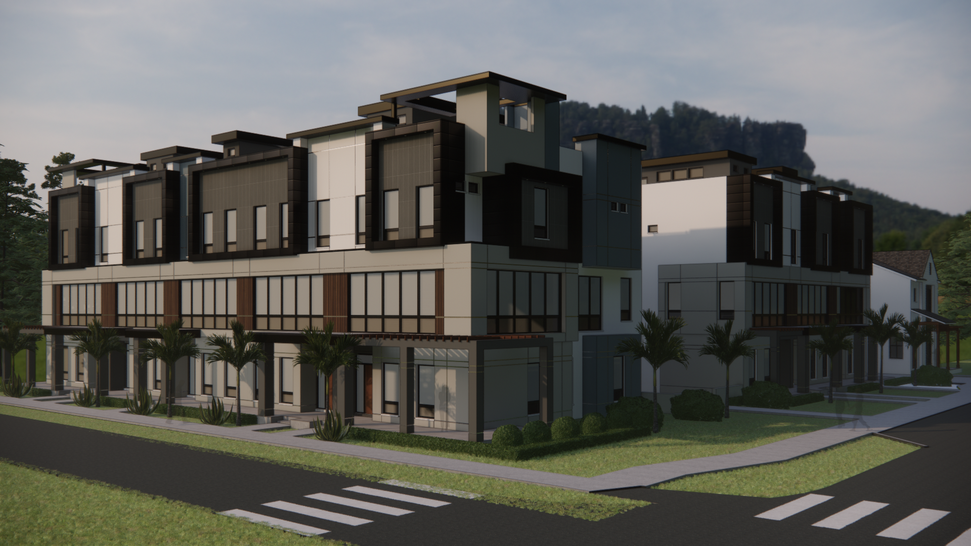 Vilasa at Thornton Park townhome exterior rendering with modern design and rooftop terraces.