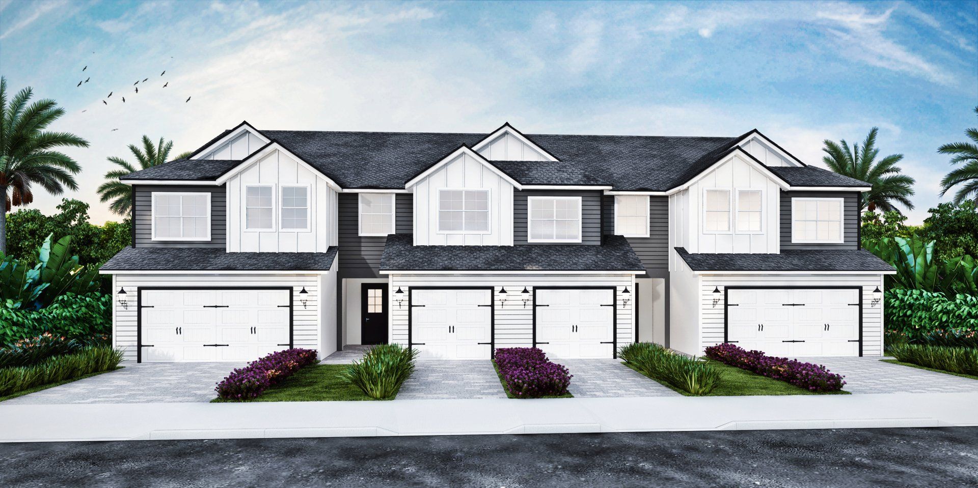 Brentwood Landing townhome front elevation with garages, landscaped entry, and modern architecture.