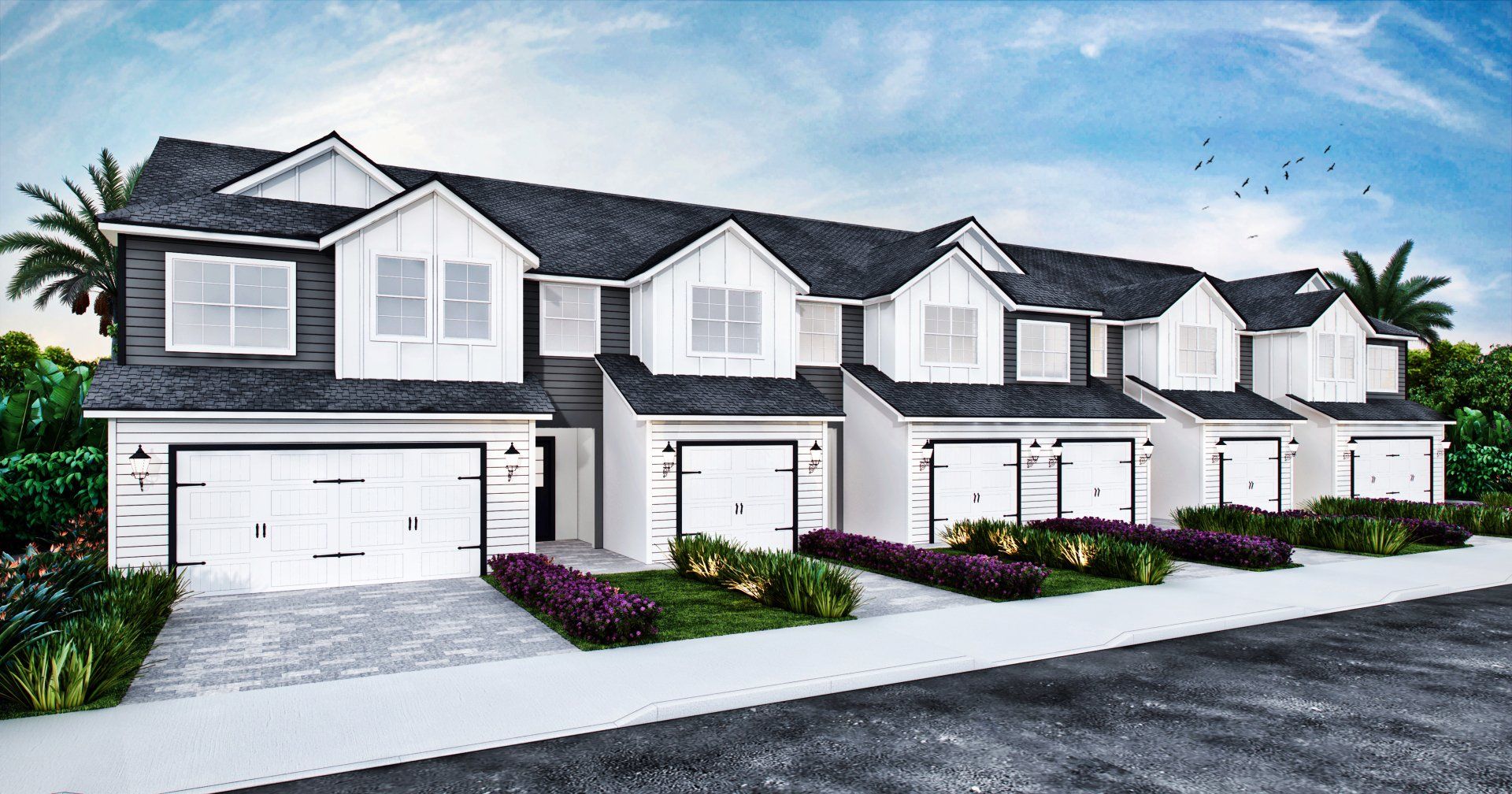 Jordan Homes community streetscape featuring modern townhomes and landscaped front yards.