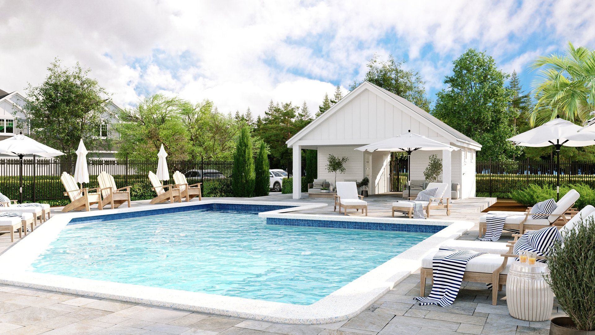 Luxurious pool area with cabana-style pavilion, landscaped surroundings, and resort-style seating.