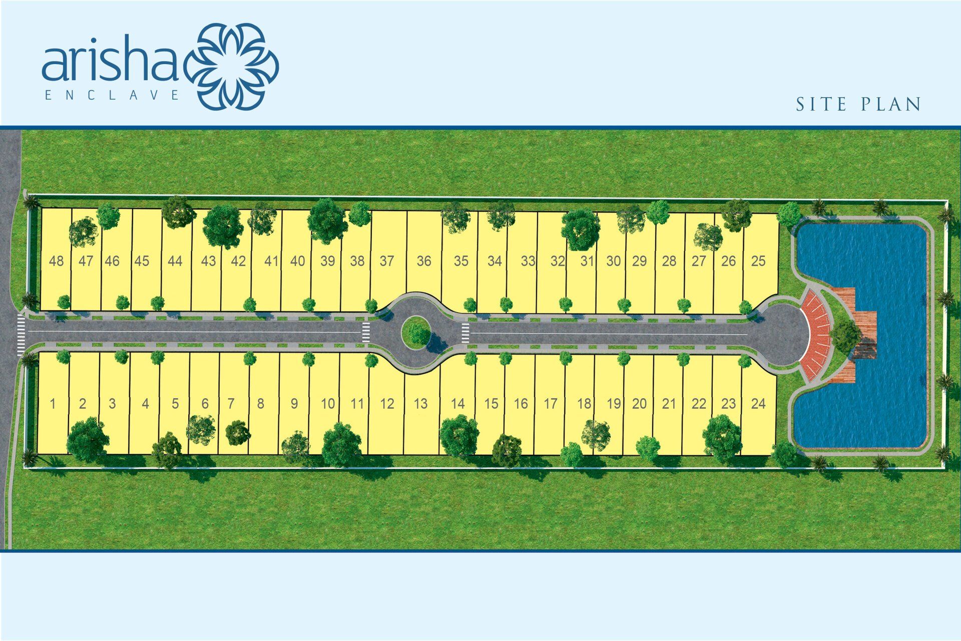 Aerial map of Arisha Enclave showing lots, roads, and community layout.