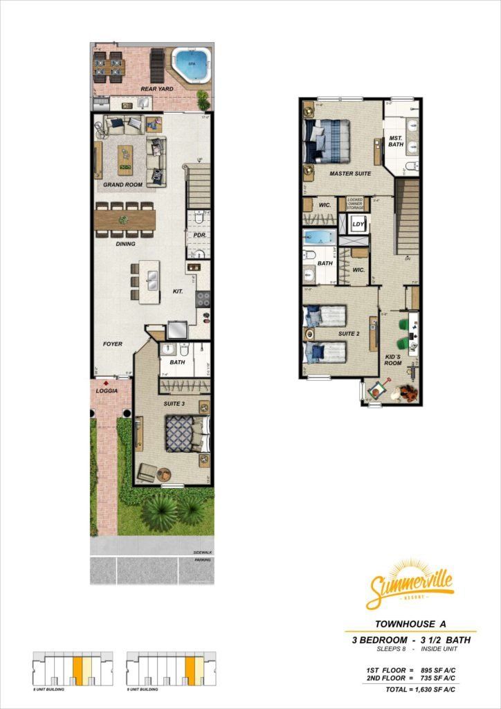 Summerville Resort townhome floorplan showing two-story layout and room configuration.
