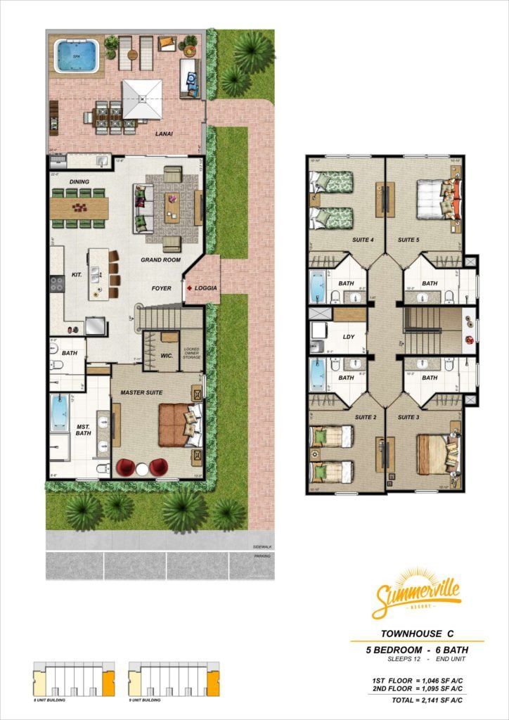 Detailed Summerville Resort floorplan showing bedrooms, bathrooms, and open living areas.