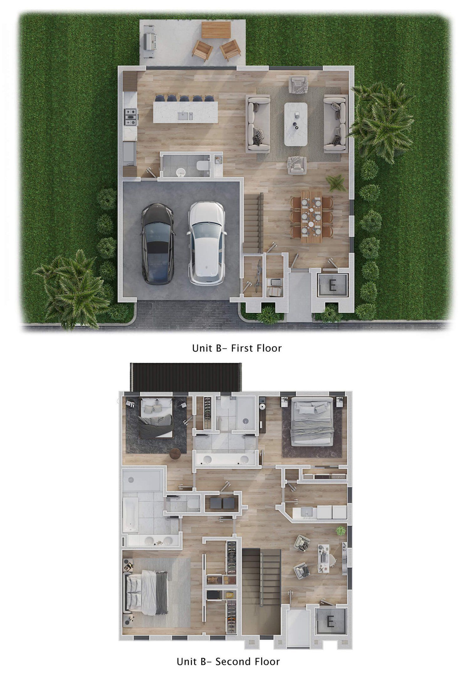 Exterior of Vilsa townhome with modern siding and landscaped entry.
