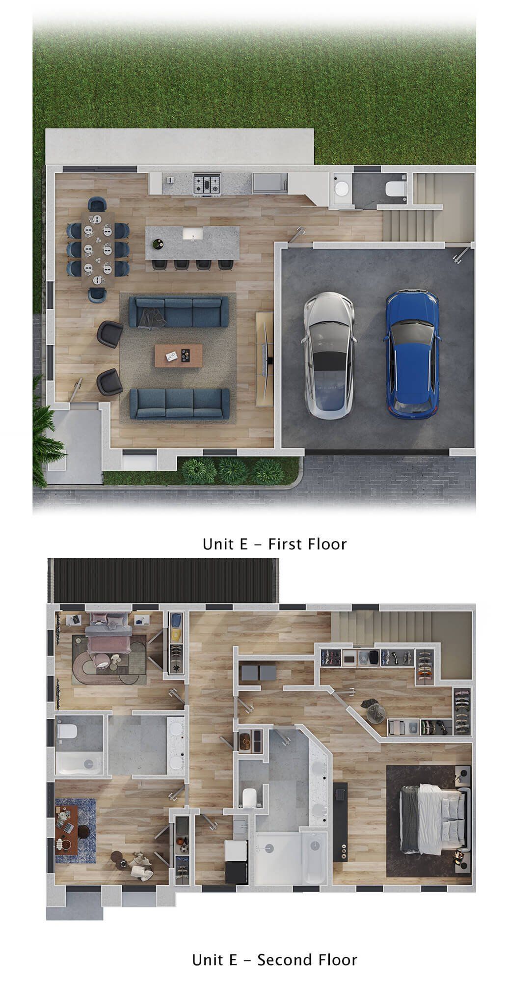 Angled view of townhome exterior with white siding and landscaped front lawn.