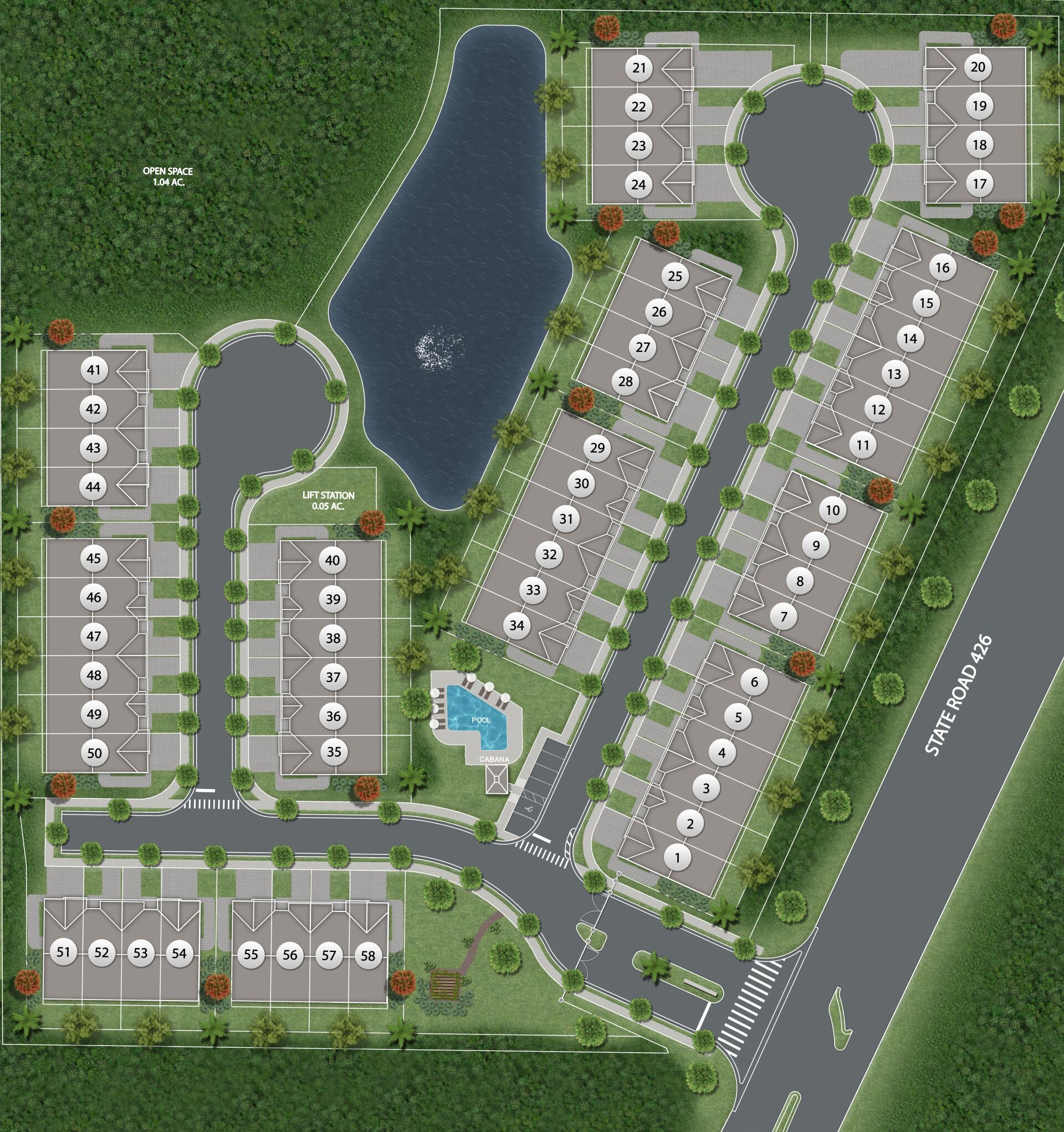 Aerial community map of Brentwood Landing showing ponds, townhome layout, and green spaces.