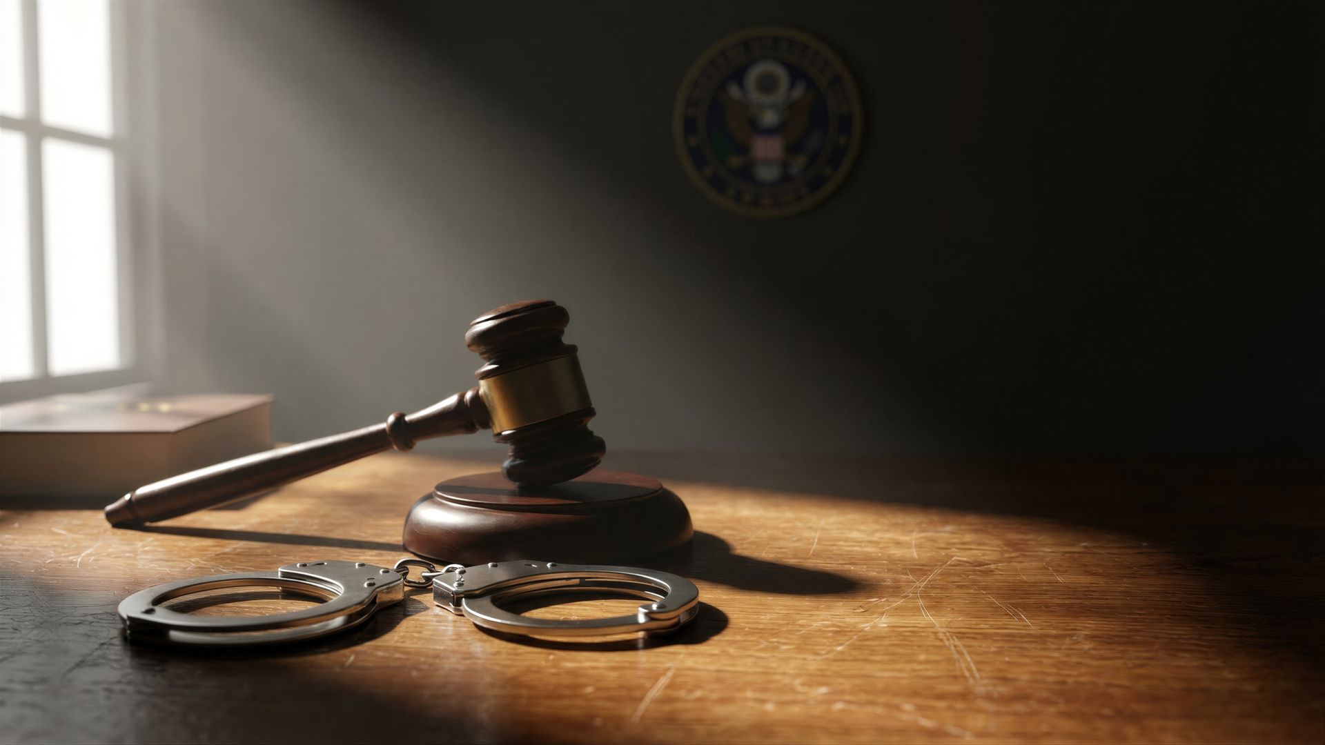 Judge’s gavel and handcuffs on a wooden desk in dramatic light. Judge’s gavel and handcuffs on a wooden desk in dramatic light.