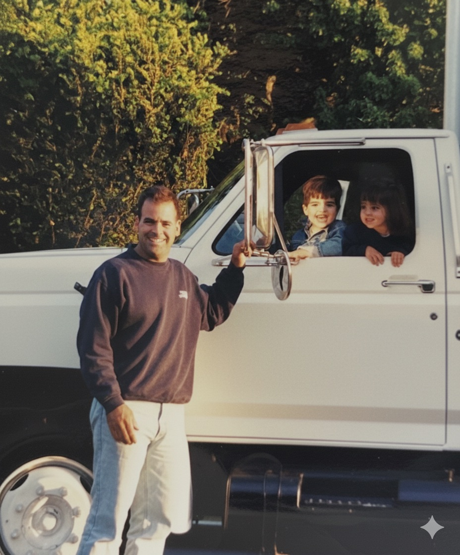 Man standing by a white truck with two people smiling in the cab, outdoors by trees