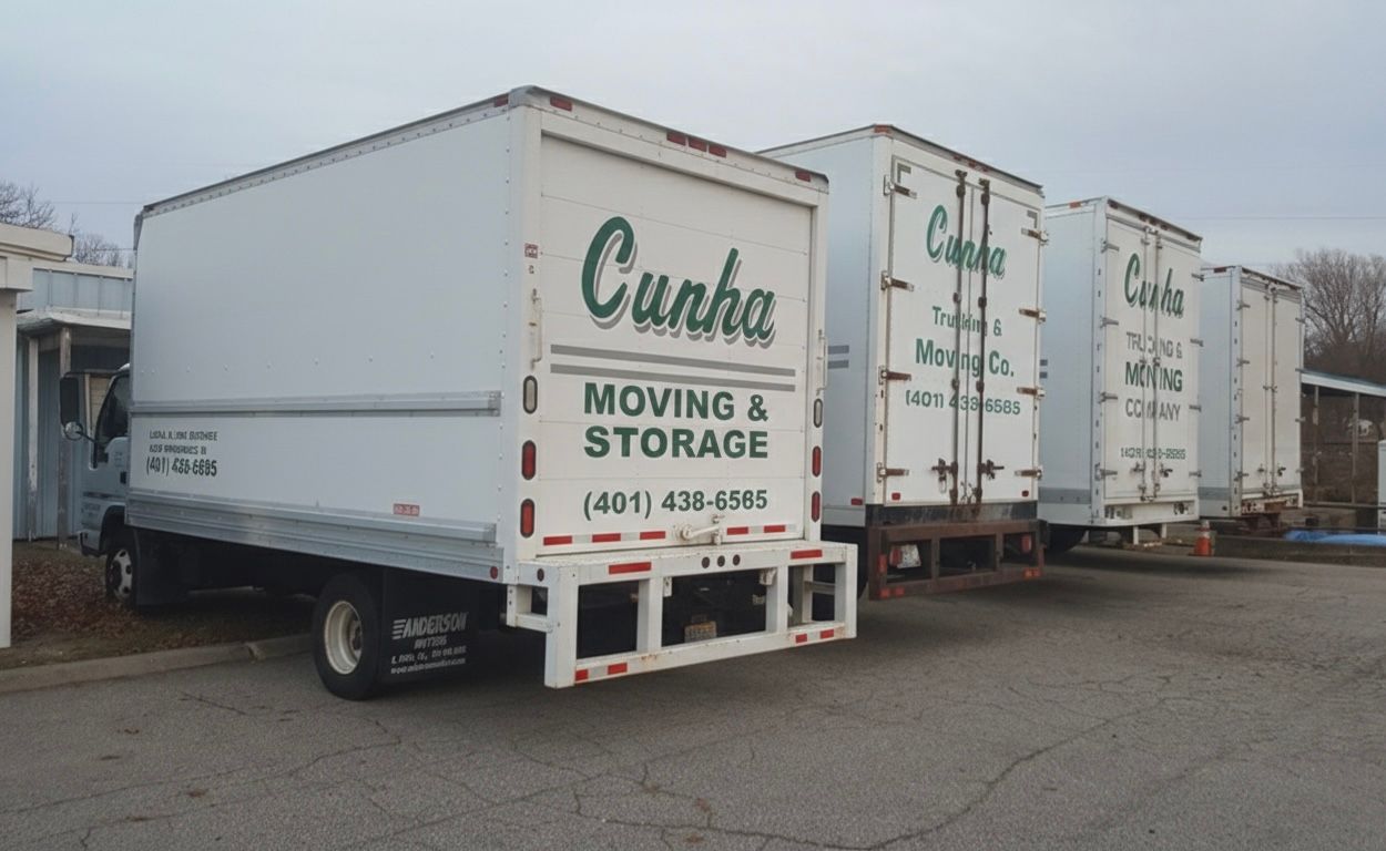 Three white moving trucks parked outside, labeled “Cunha Moving & Storage.”