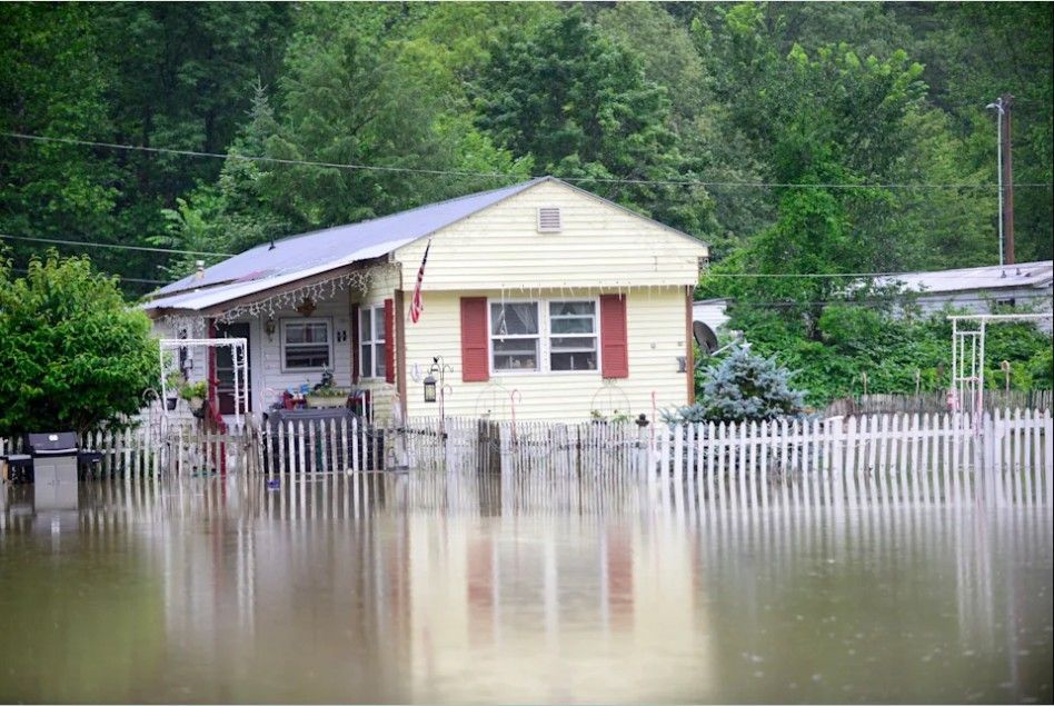 Flooded house with white fence and muddy water in front, surrounded by trees