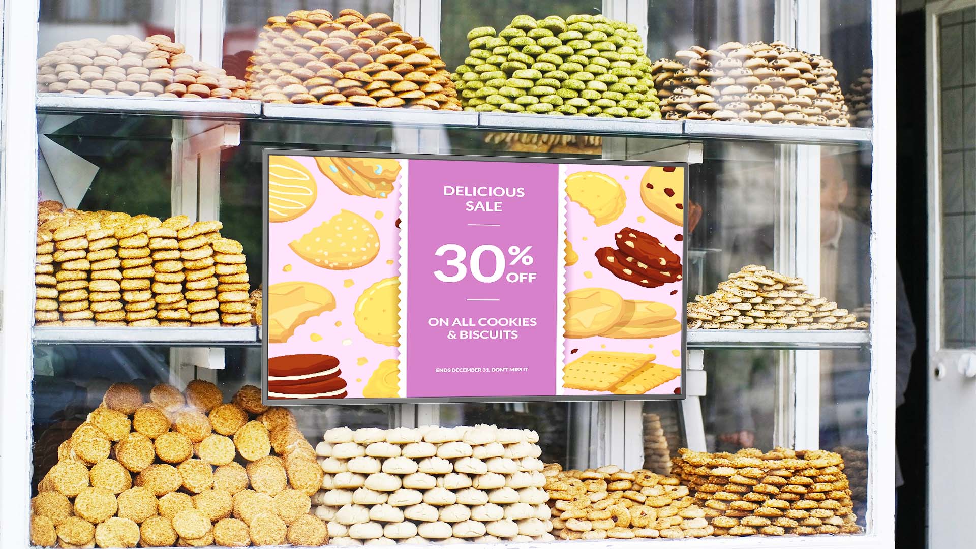 outdoor digital sign advertising sales in a bakery window