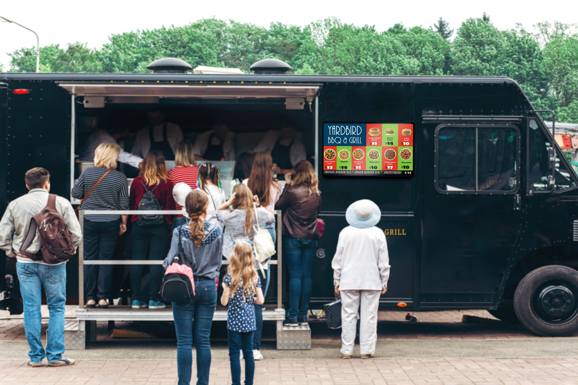 food truck digital menu attracting crowd of people