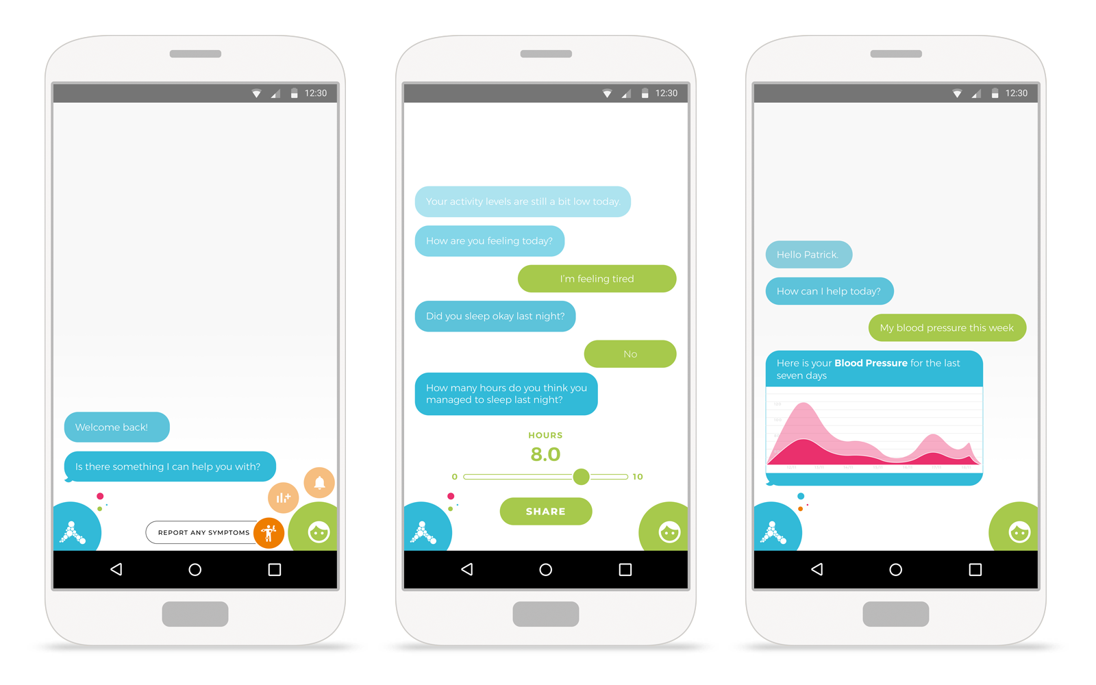 three cell phones with different AVATR chatbot messages on the screens .