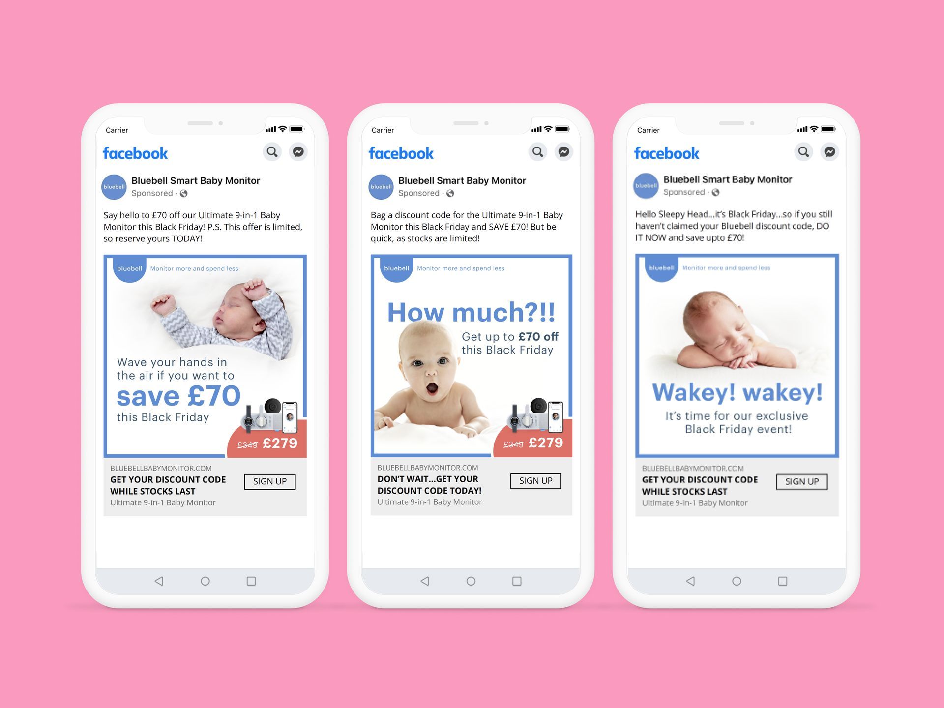 three phones with advertisements on them on a pink background .