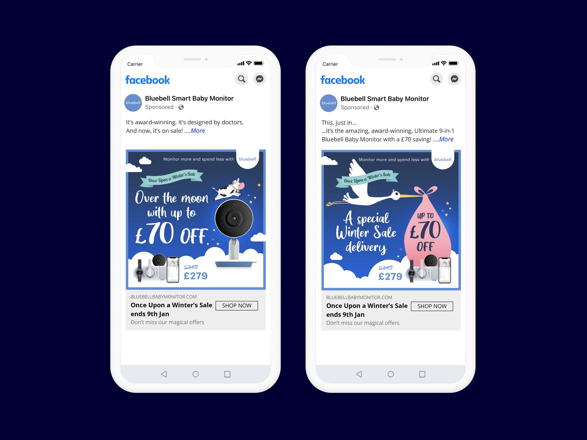 A couple of cell phones with a facebook ad on them.