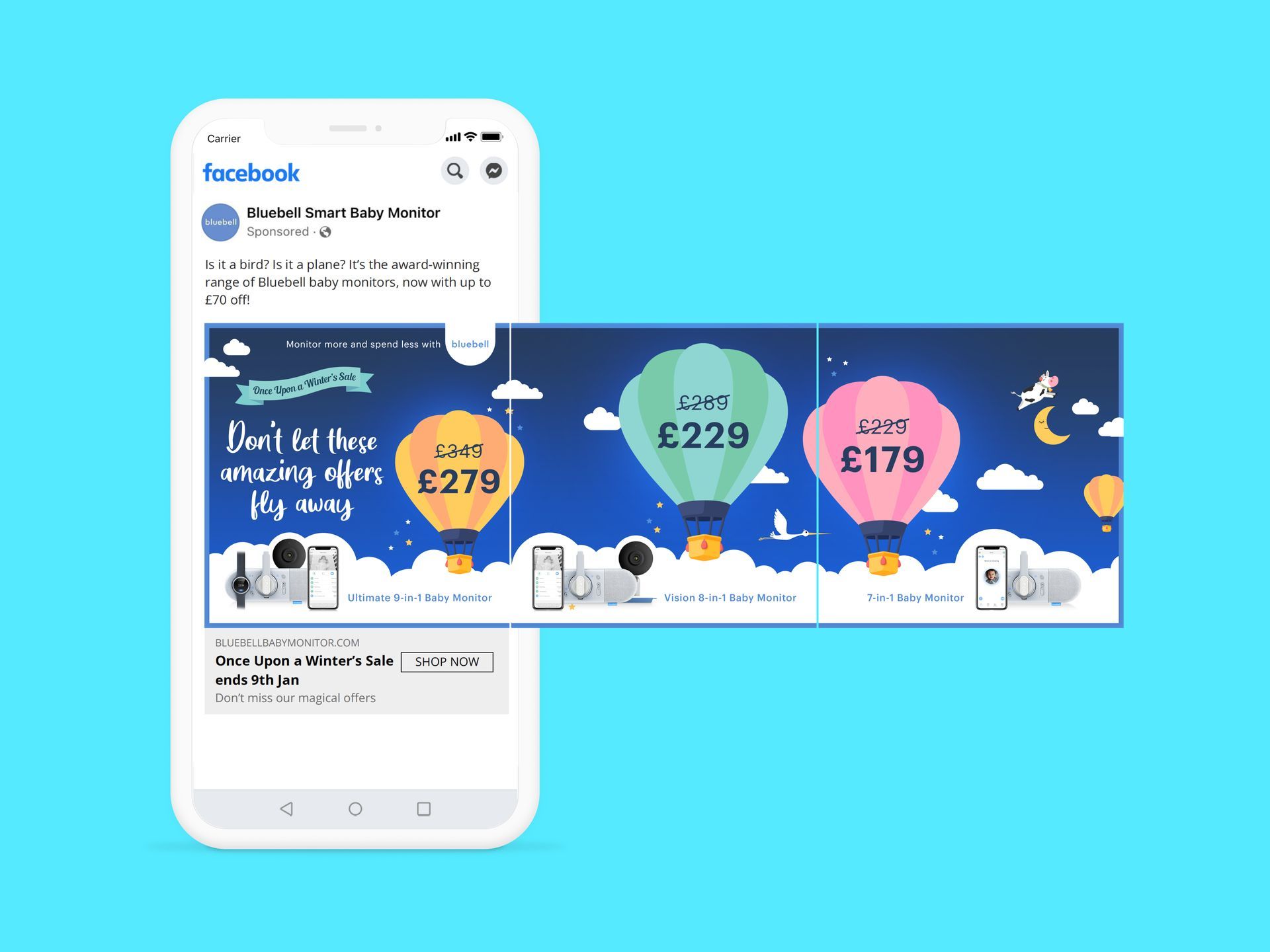 A facebook ad with three hot air balloons on a blue background.