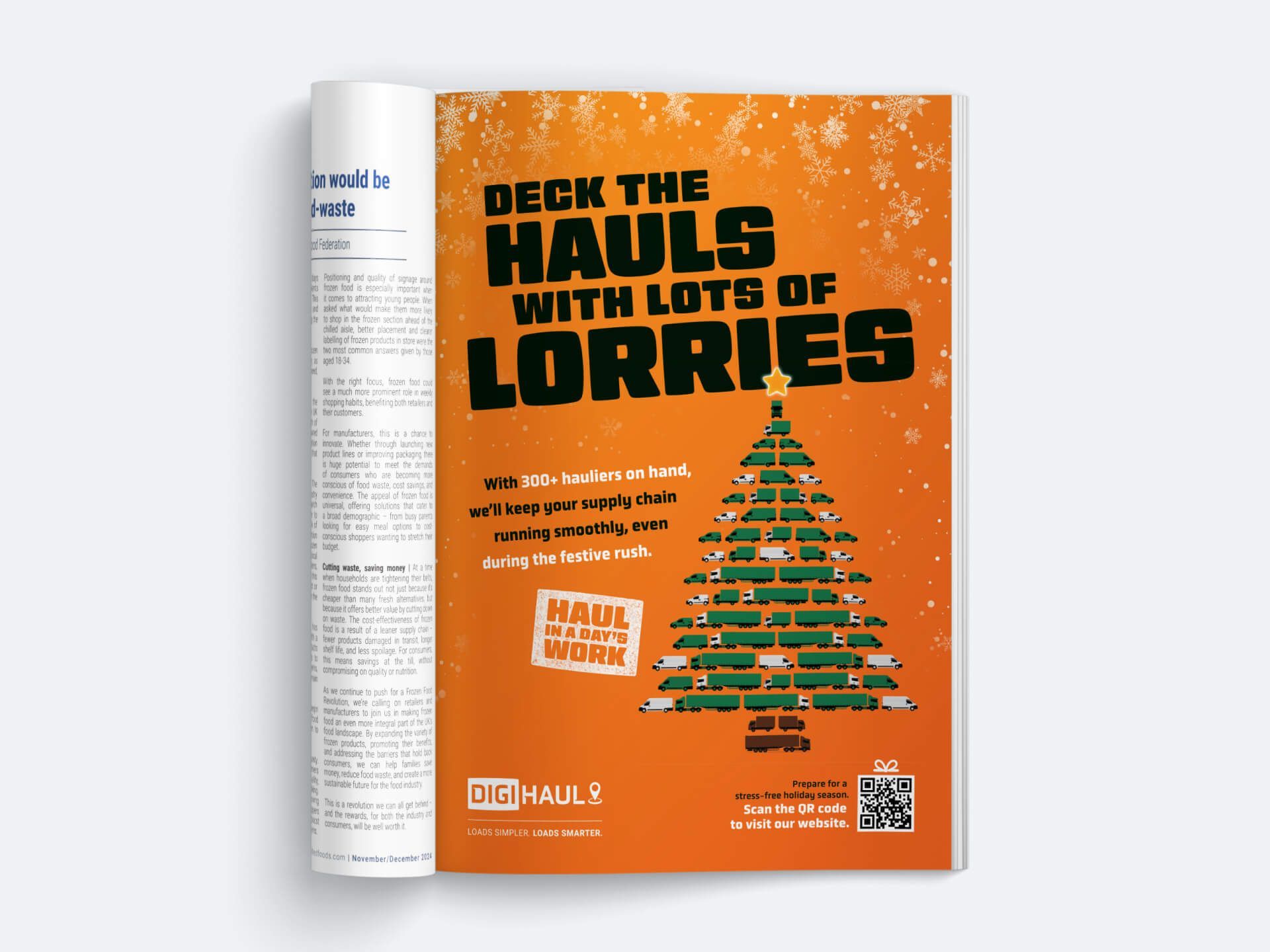 An advertisement for deck the hauls with lots of lorries