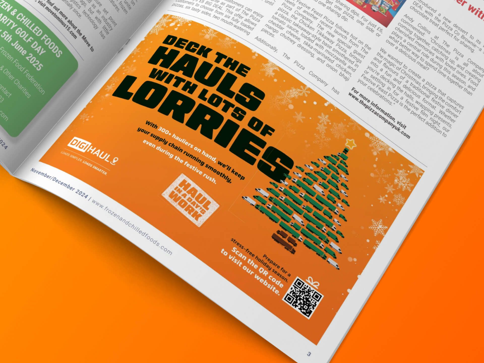 A magazine advertisement with an orange background, featuring a Christmas tree made of small lorry icons and festive text.