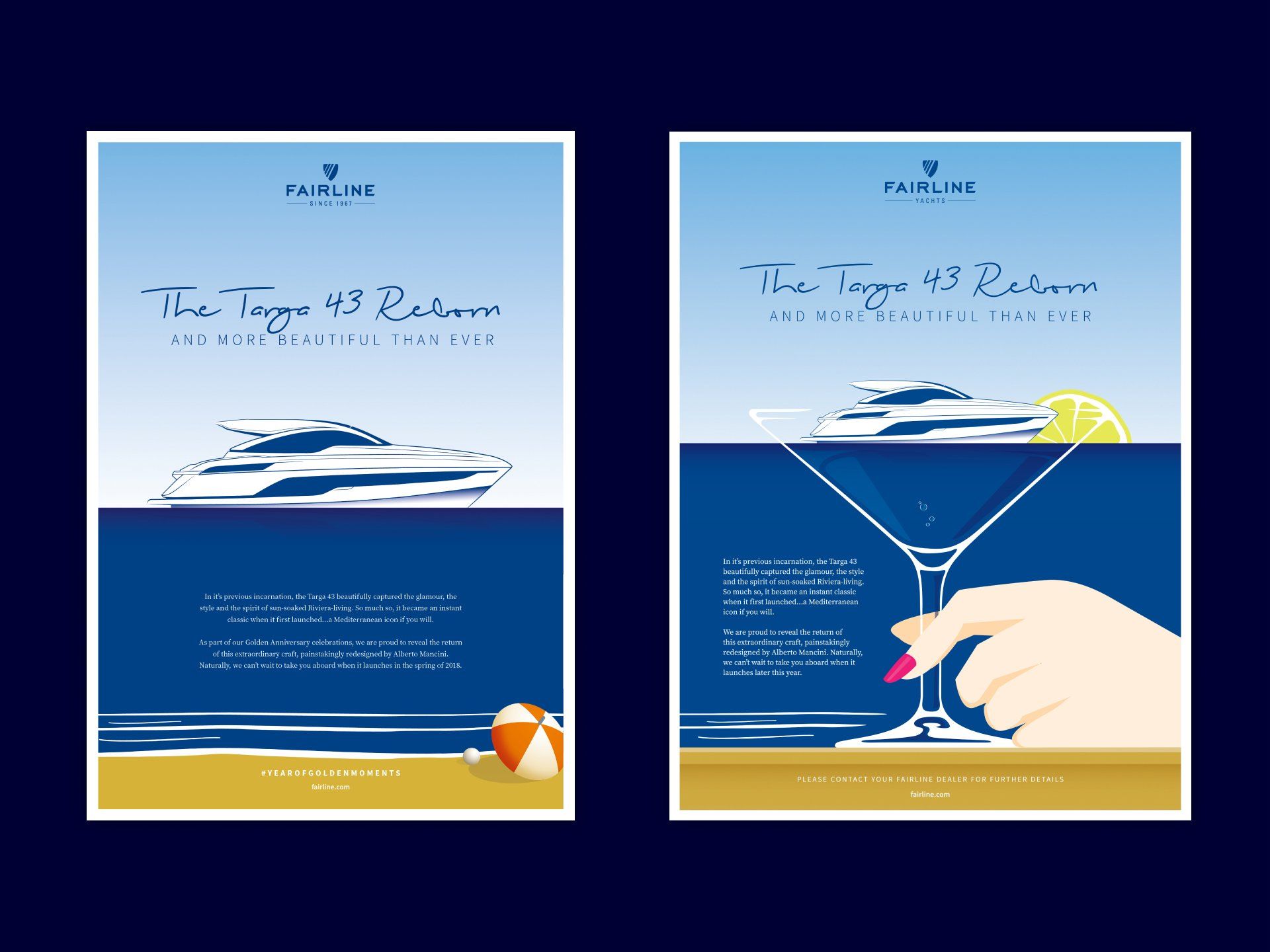 Two posters with a boat and a woman holding a martini glass