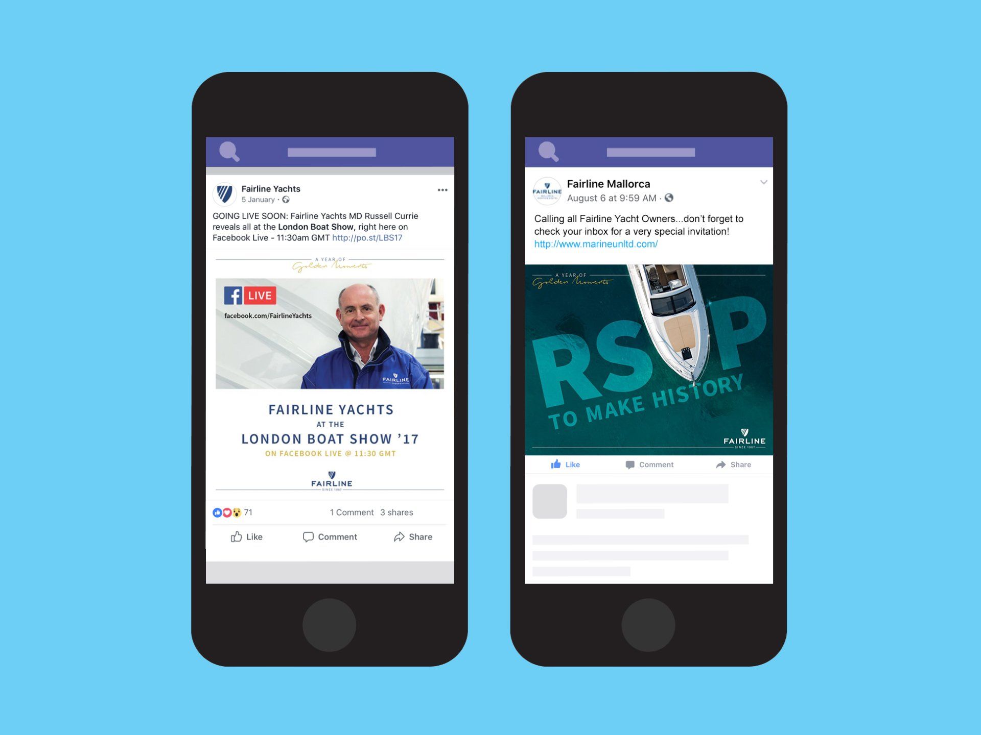Two cell phones are displaying a facebook page on a blue background.