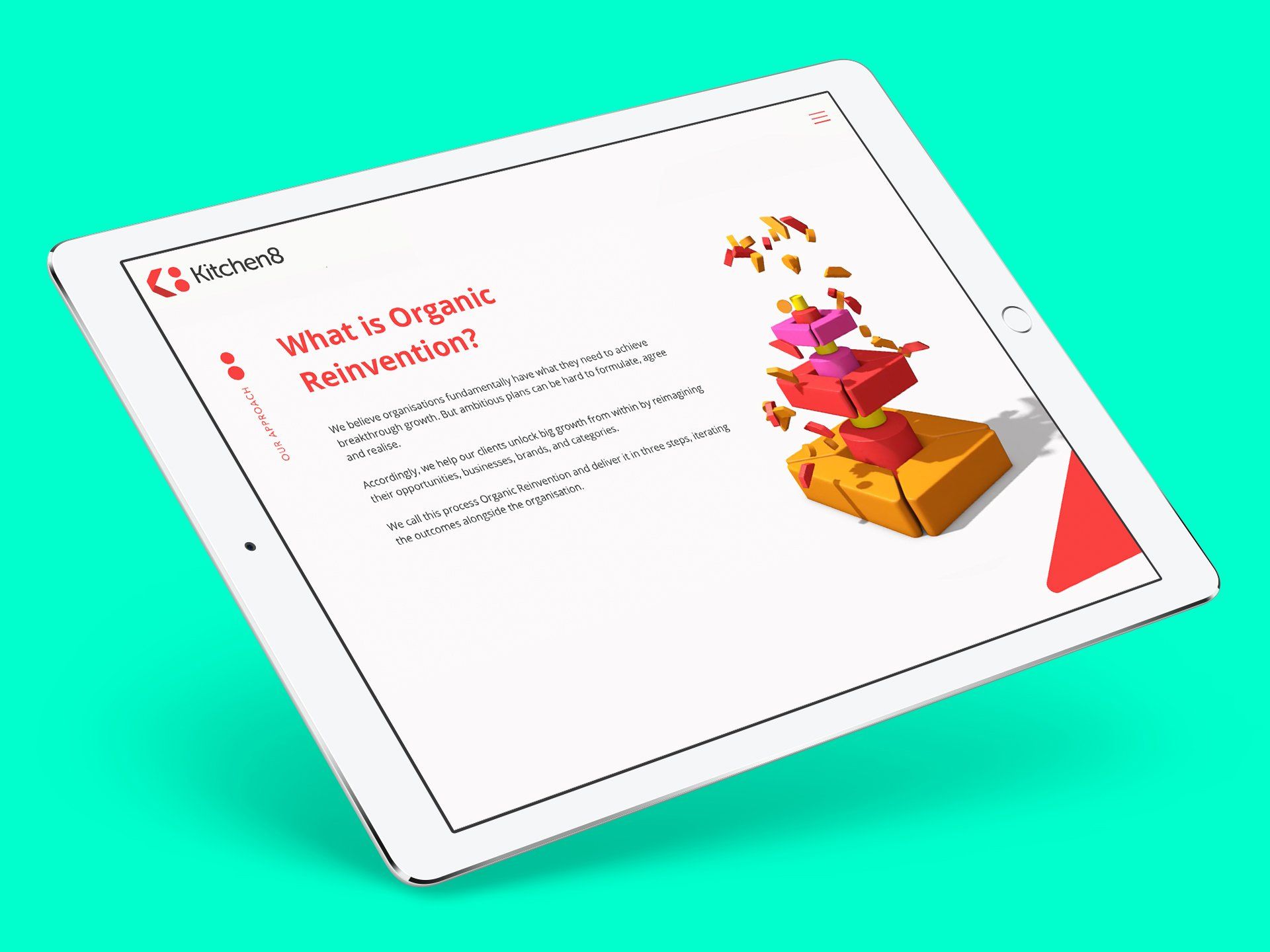 Redesigned website for Kitchen8, featured on a tablet device. © The Animo Group Ltd.