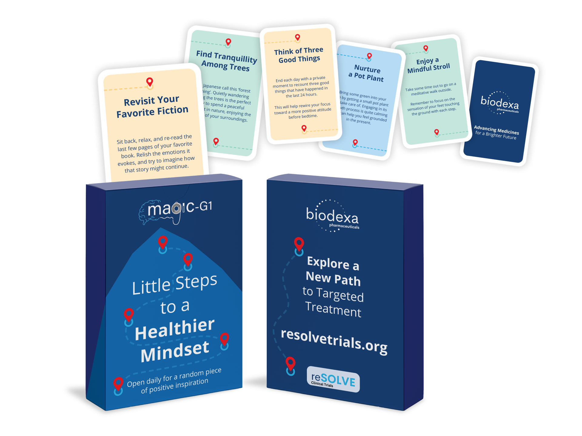 Two boxes of little steps to a healthier mindset cards