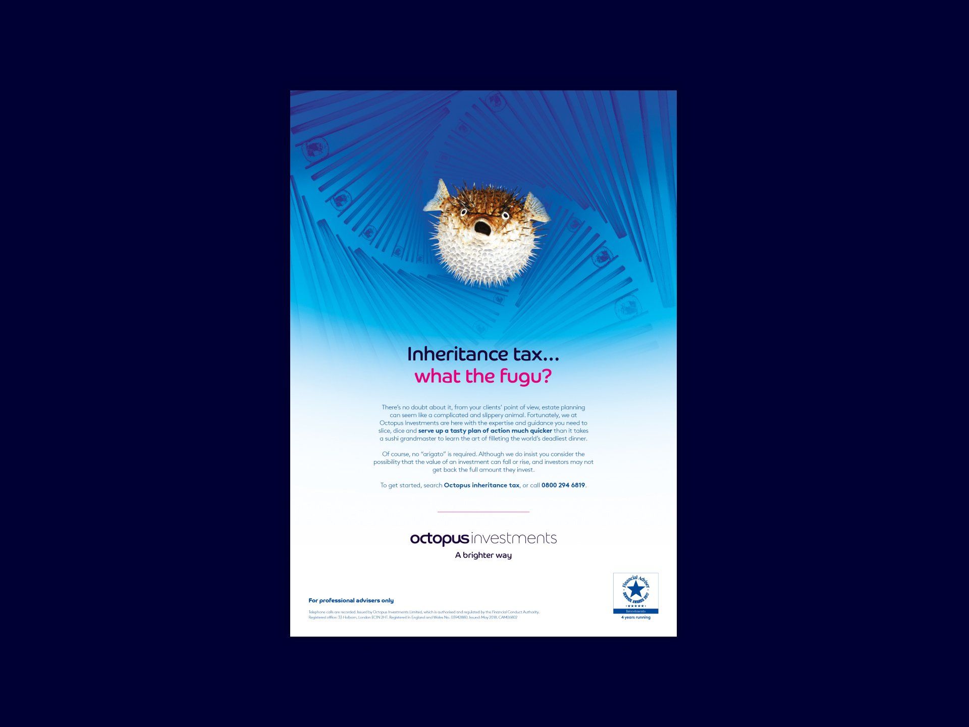 A puffer fish is floating in the air on a blue background.