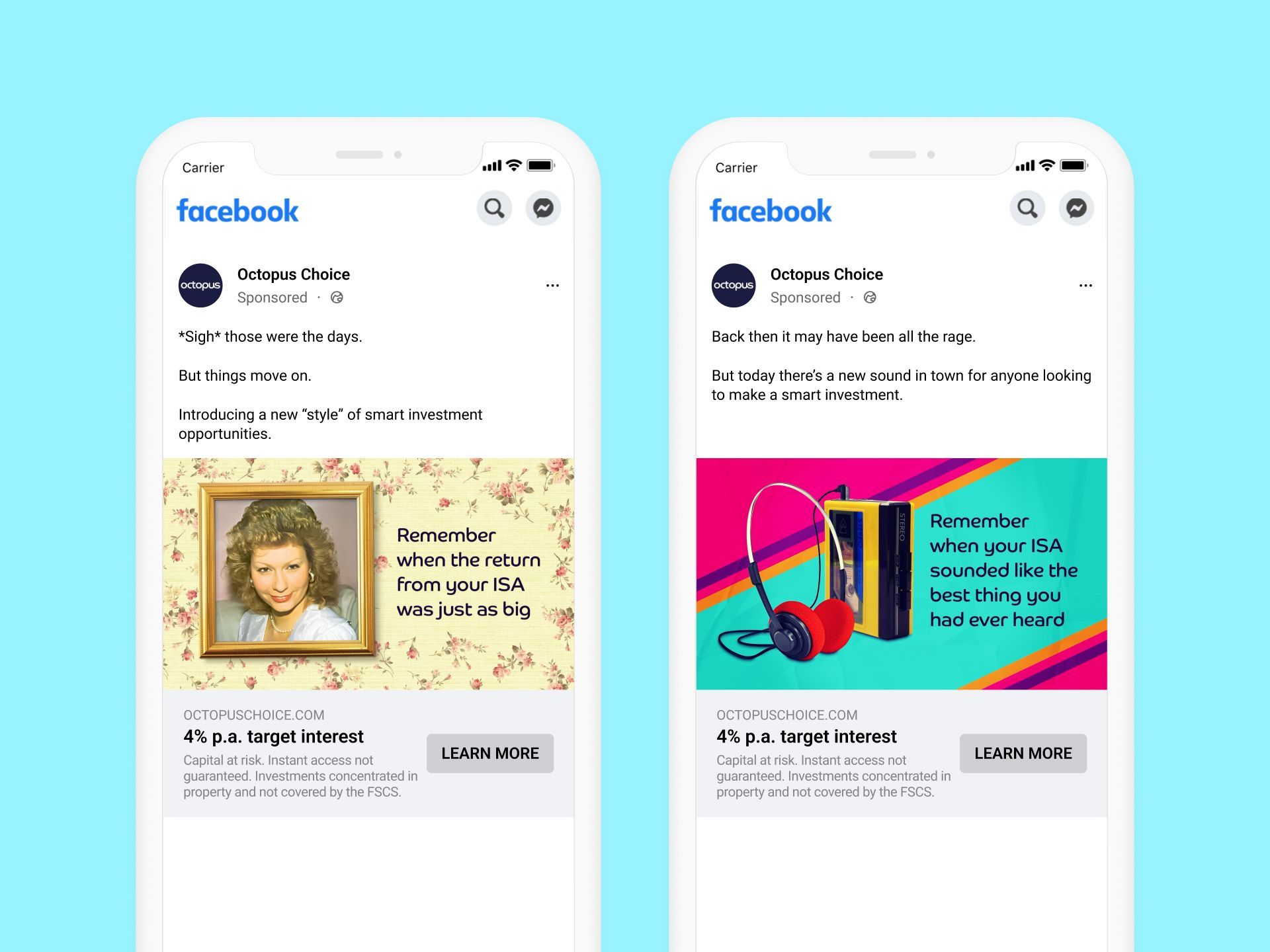 A couple of cell phones with facebook ads on them.