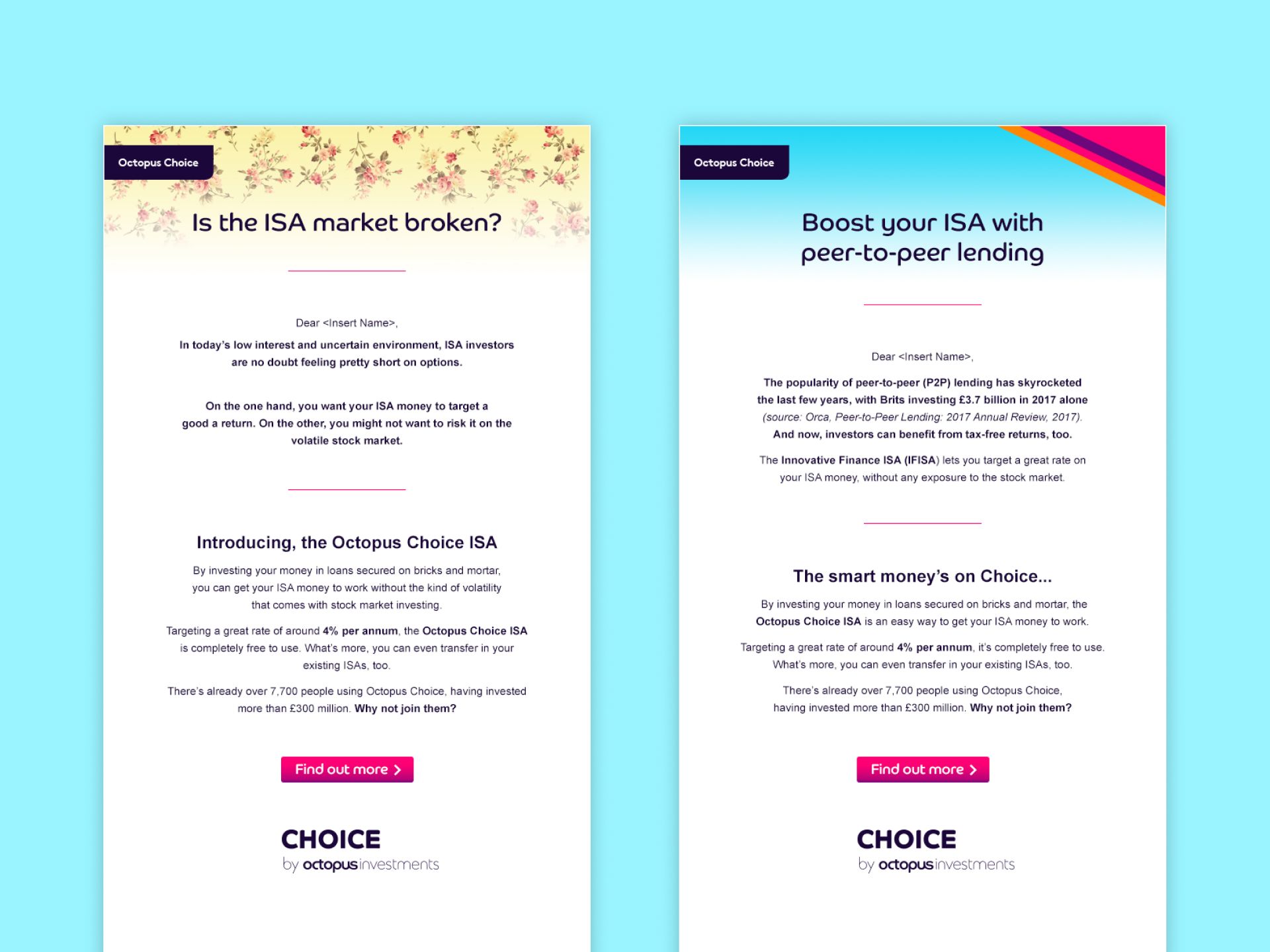 A couple of e-mails on a blue background.