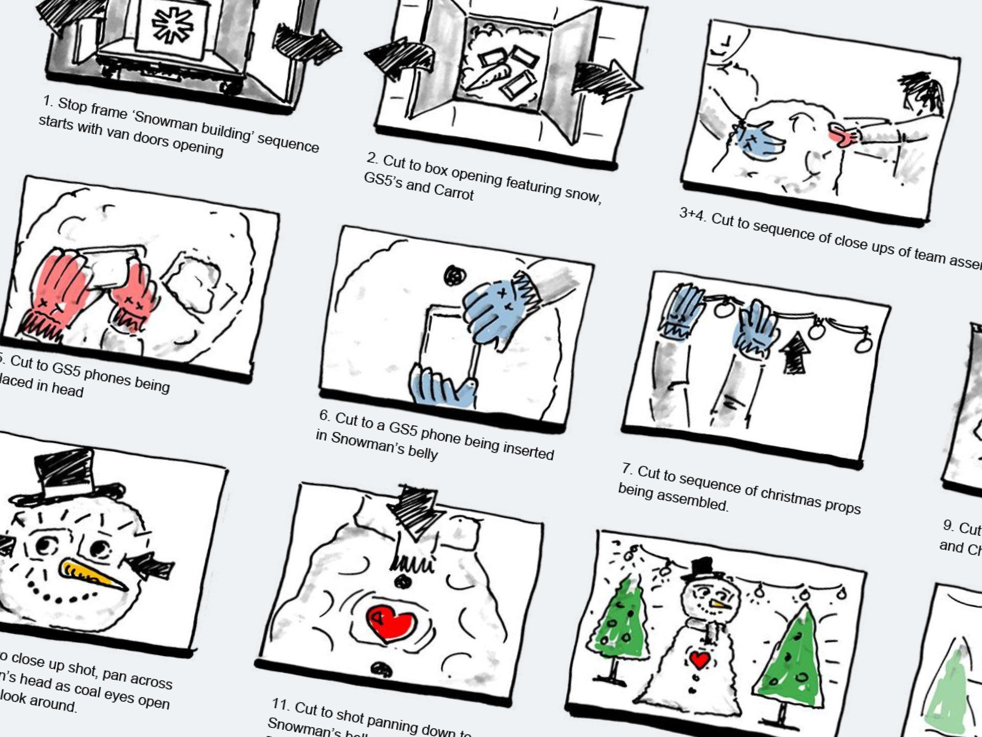 A black and white drawing of a snowman and a christmas tree