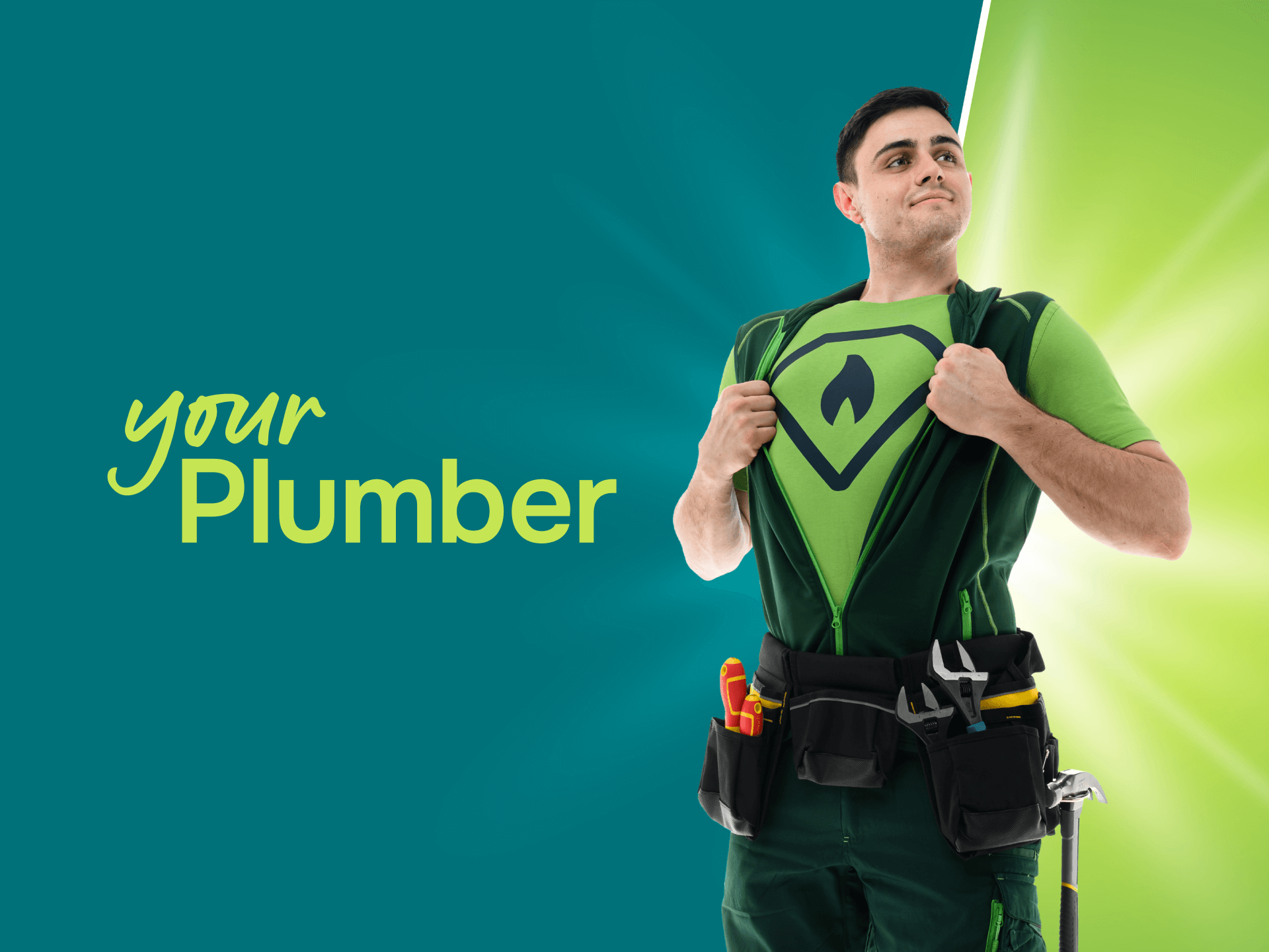 A person in a plumber’s uniform pulls open their shirt to reveal a superhero emblem, set against a teal and green background.