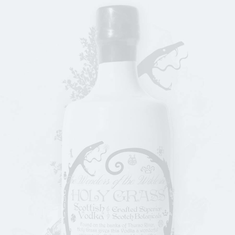 A close up of a bottle of holy grass vodka on a white background.