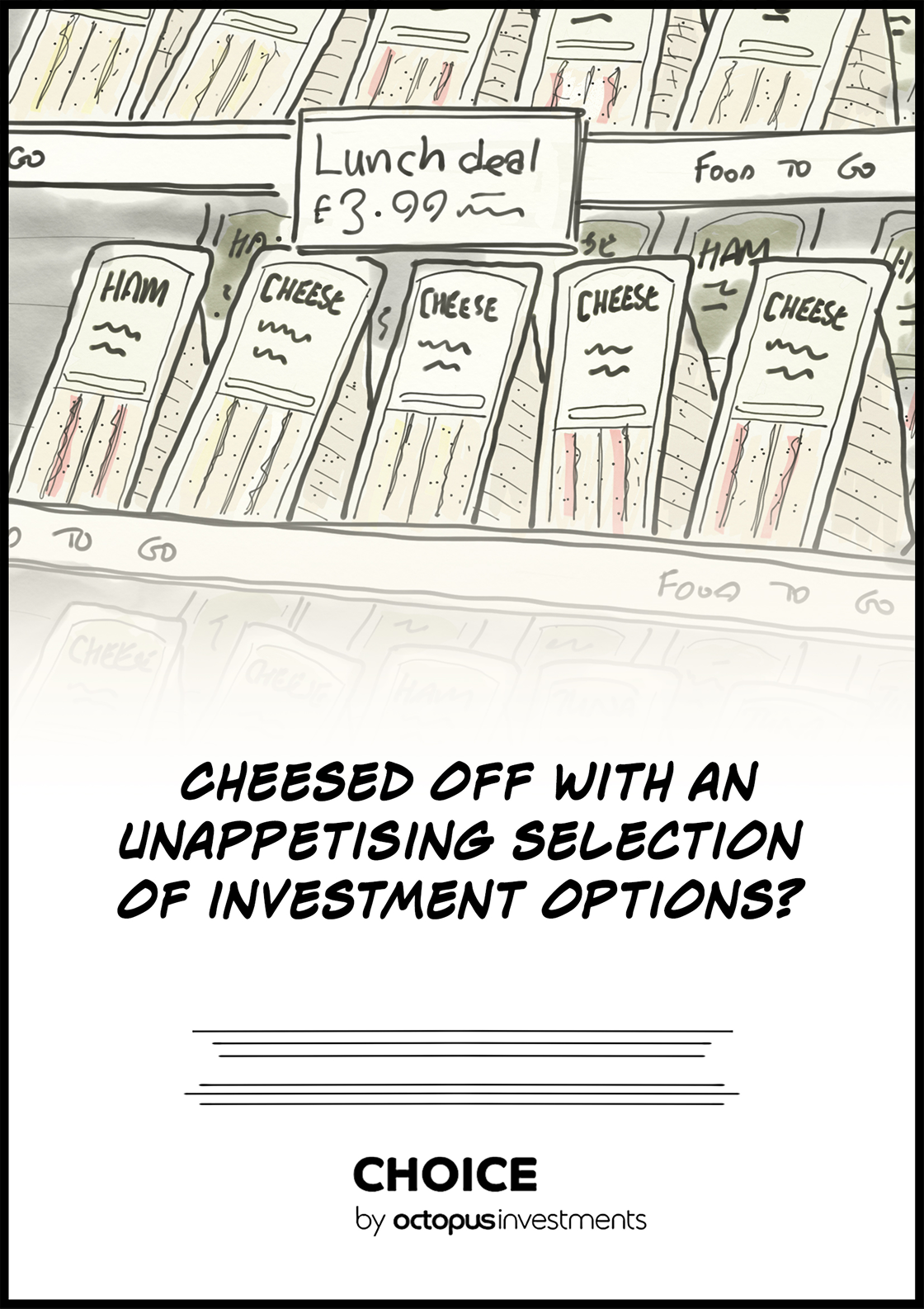 A cartoon of a grocery store aisle with a lunch deal for £3.99.