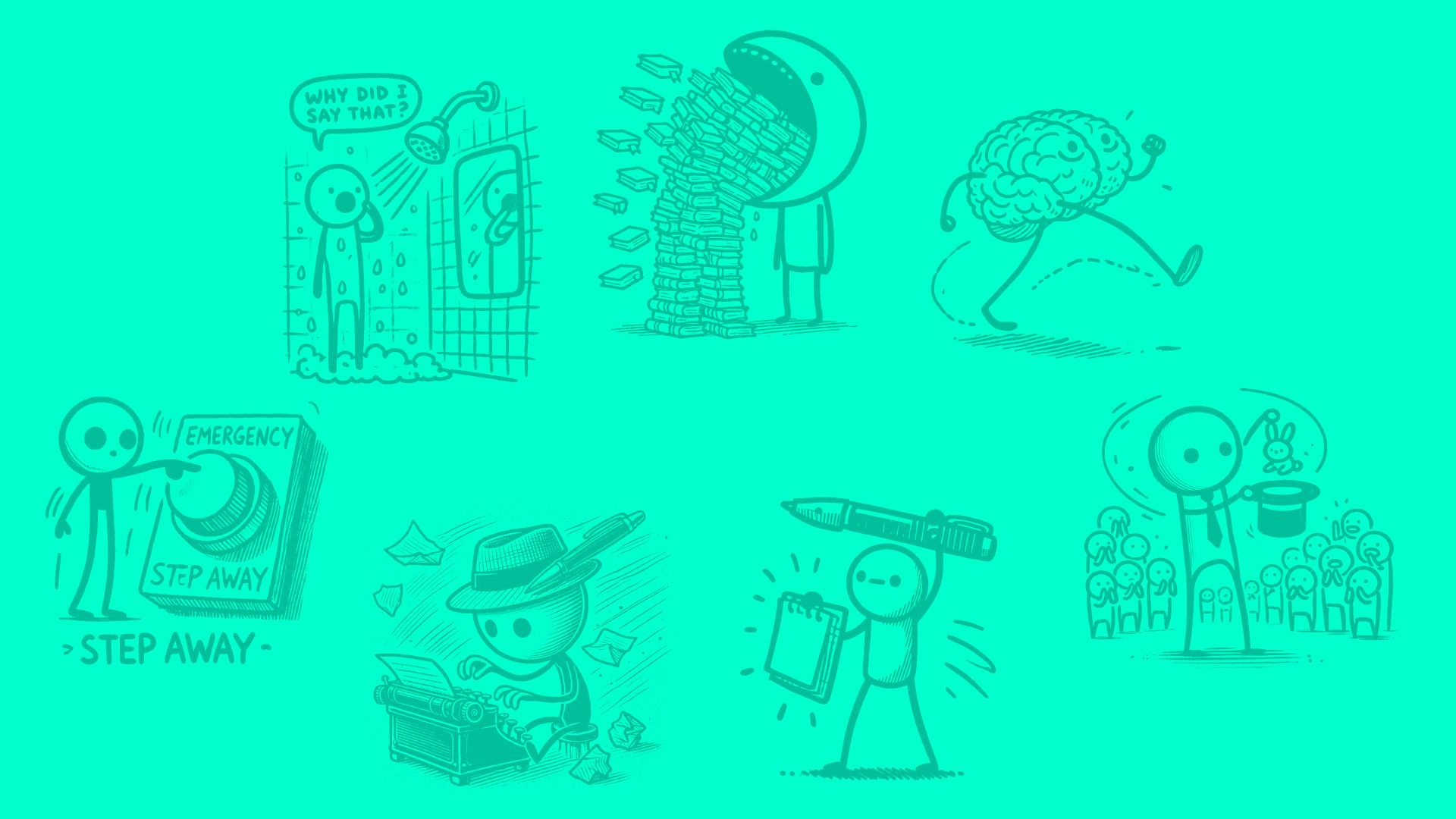 A set of cartoon characters on a green background.