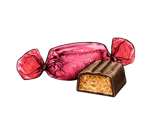 Candy wrapped in pink paper, one unwrapped to show chocolate coating and nougat filling.