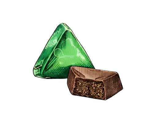Green triangular chocolate candy, one wrapped, one partially unwrapped, showing a dark filling.