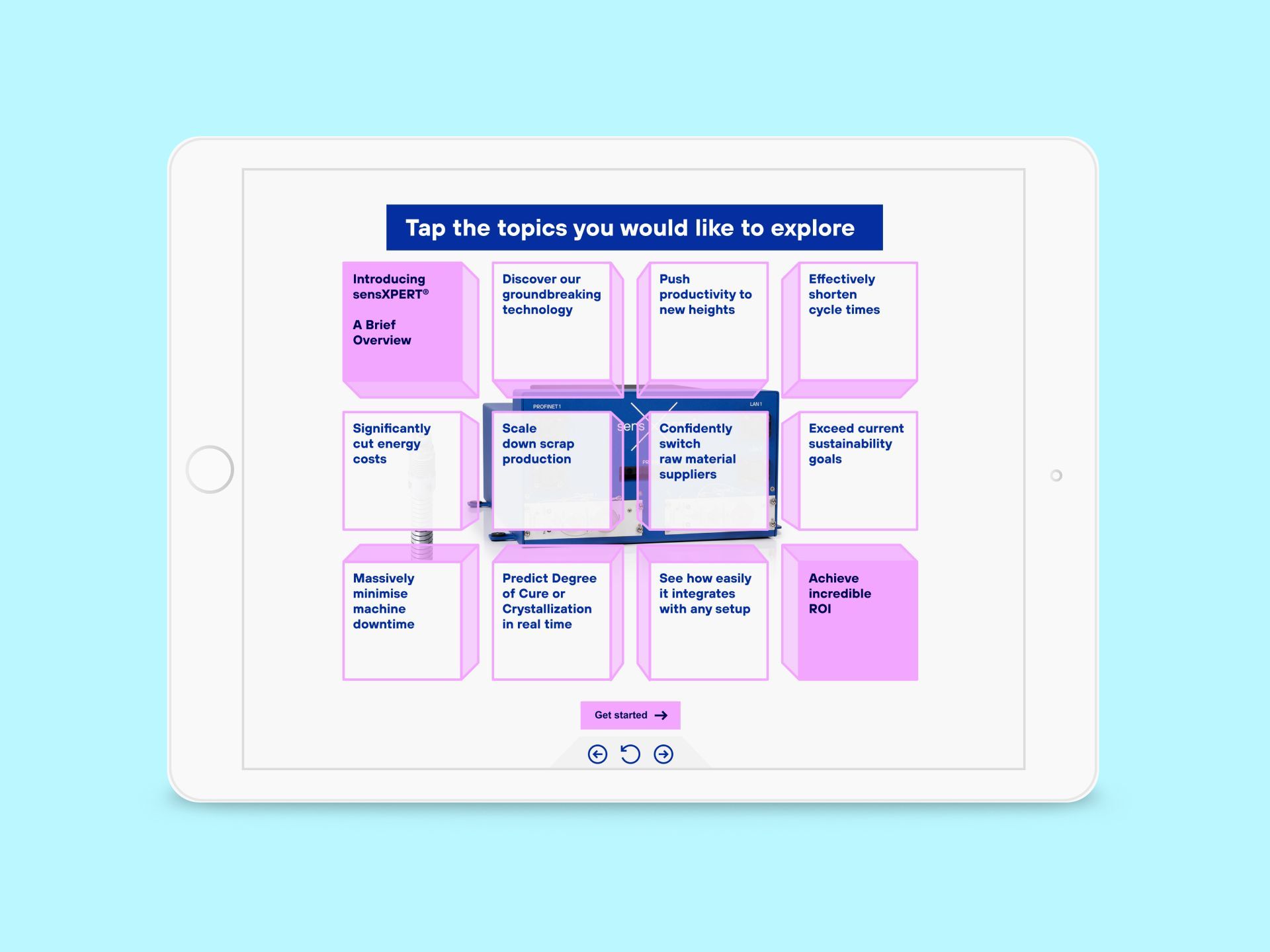 A tablet screen displays a grid of pink and white buttons labeled with topics to explore, with a button to 