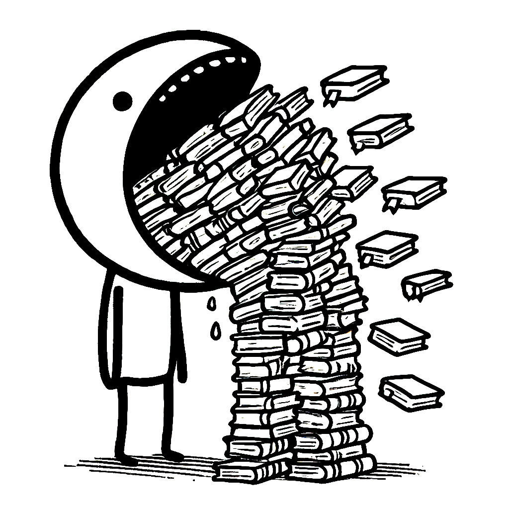 A black and white drawing of a person eating a pile of books.