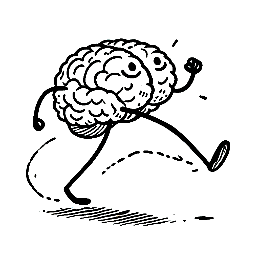 A black and white drawing of a brain with arms and legs running.