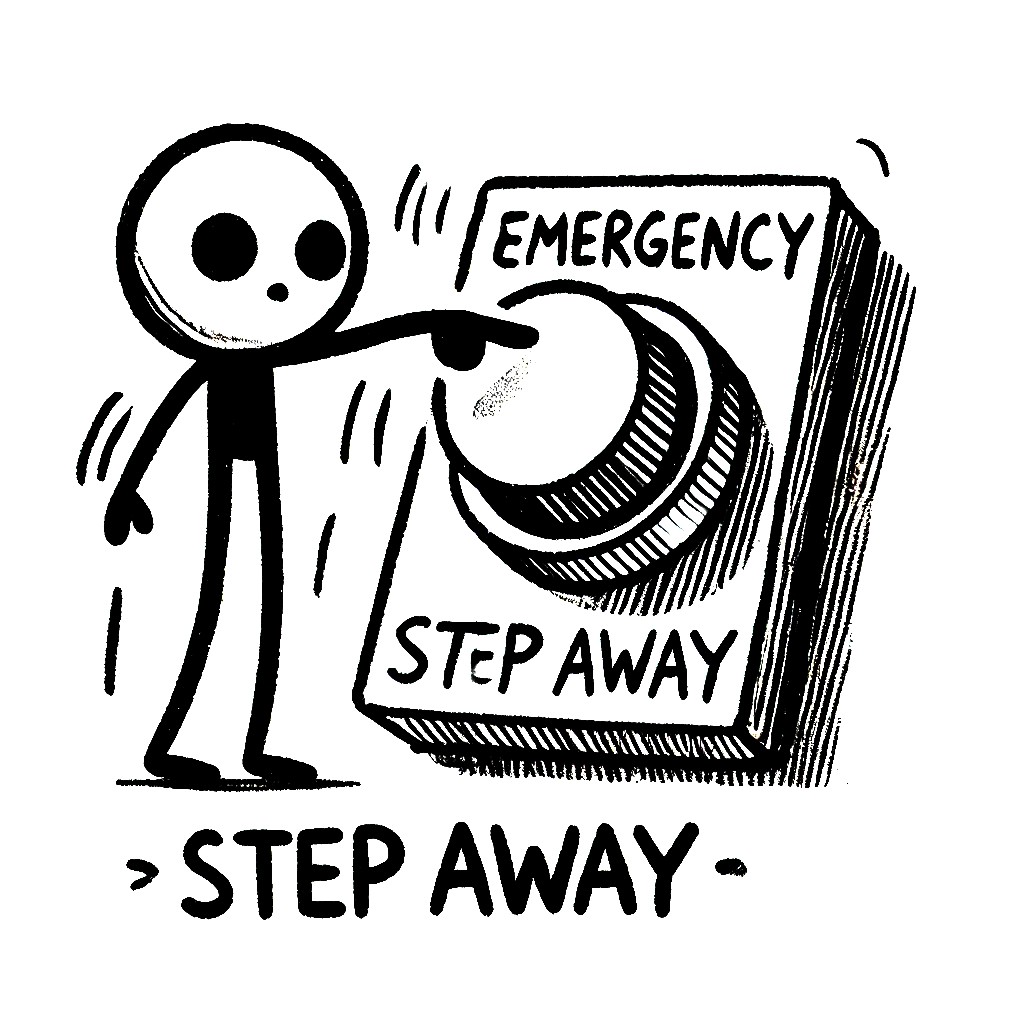 A black and white drawing of a stick figure pointing at an emergency step away button.