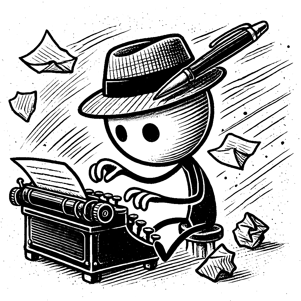 A black and white drawing of a stick figure wearing a hat typing on a typewriter.