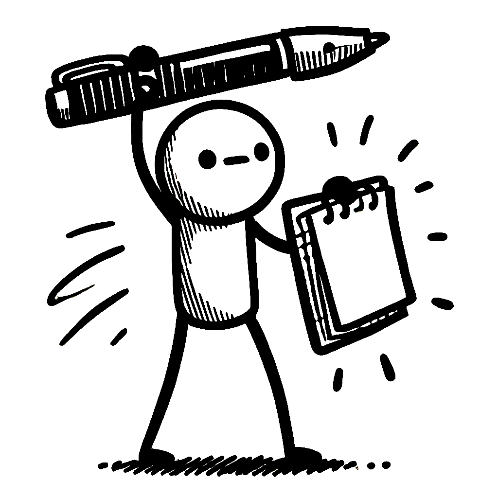 A stick figure is holding a pen and a notepad.