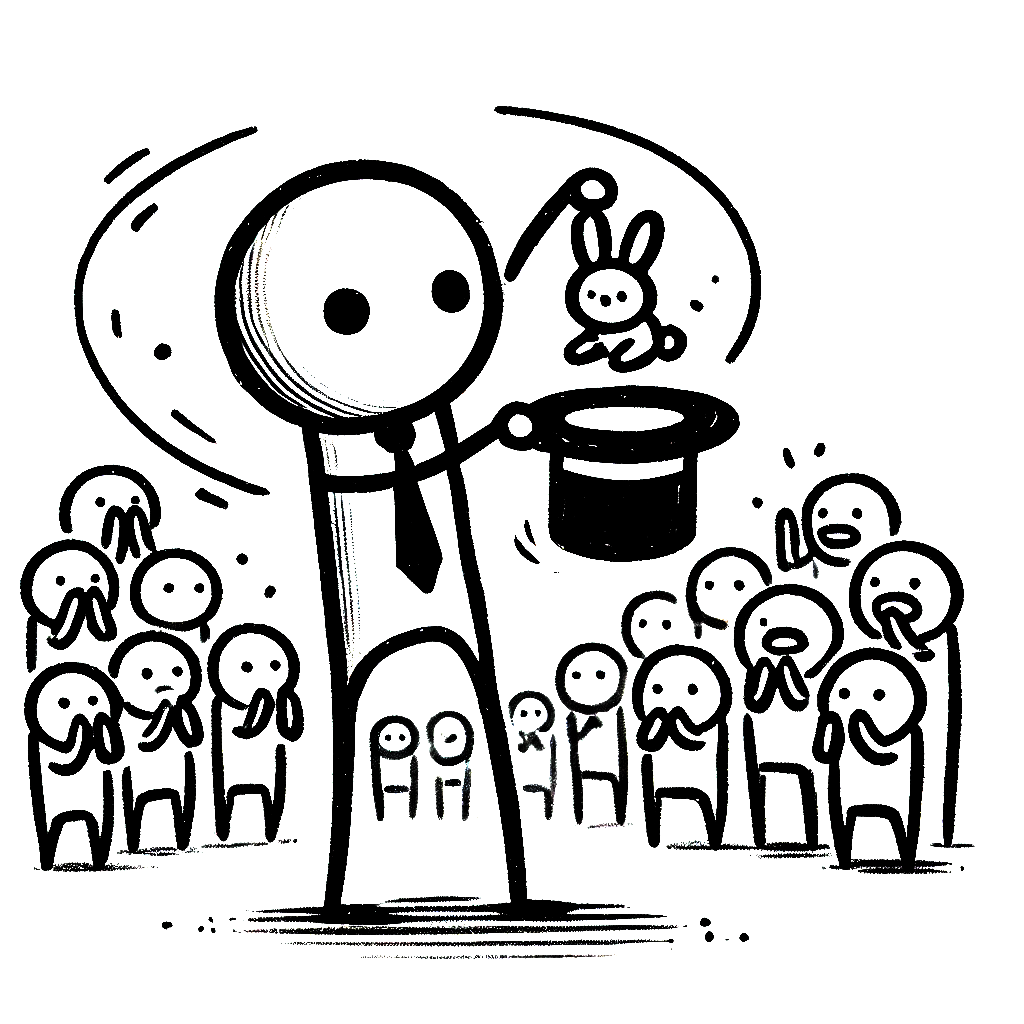 A black and white drawing of a man holding a top hat with a rabbit coming out of it.
