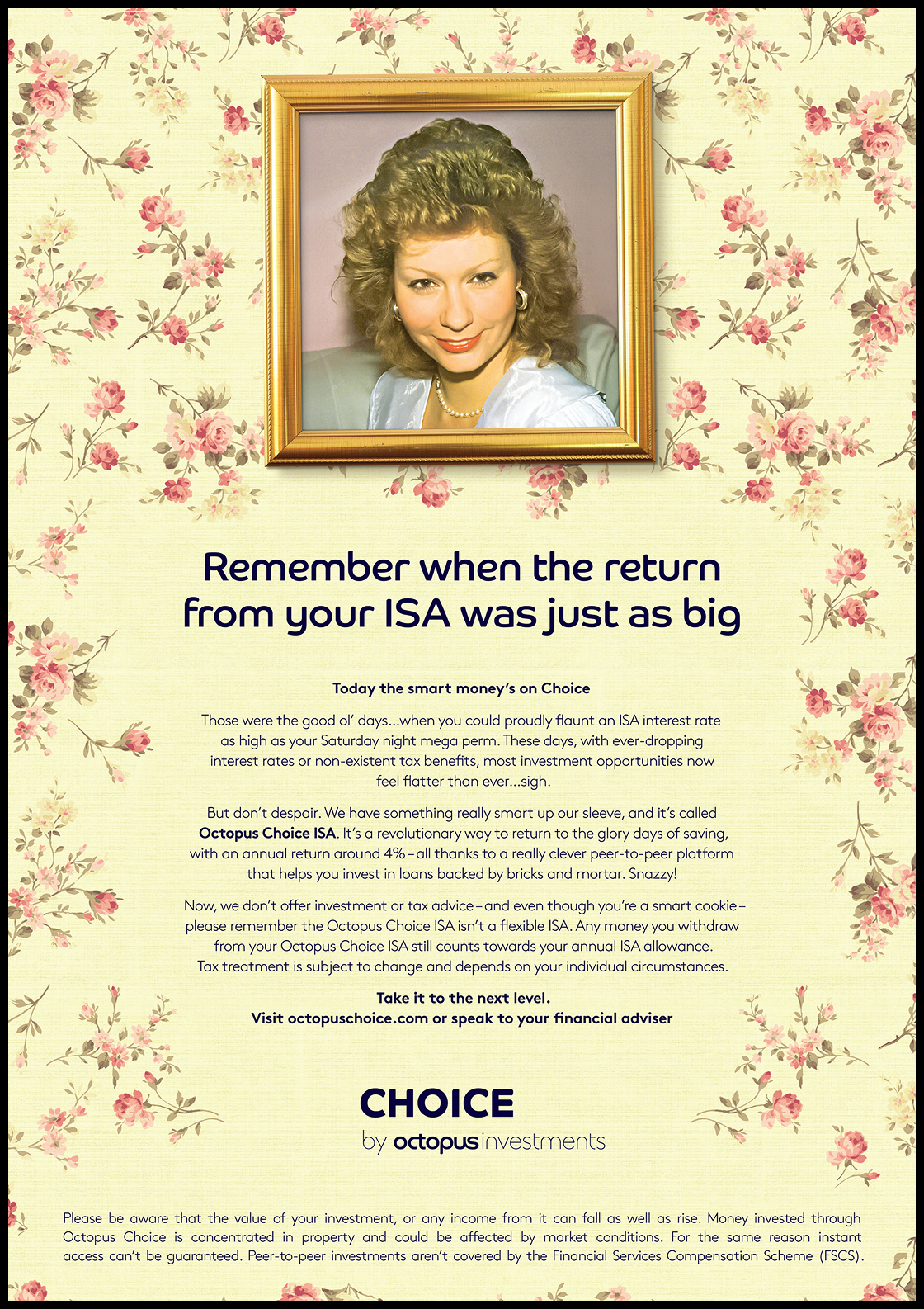 A picture of a woman in a frame on a floral background.