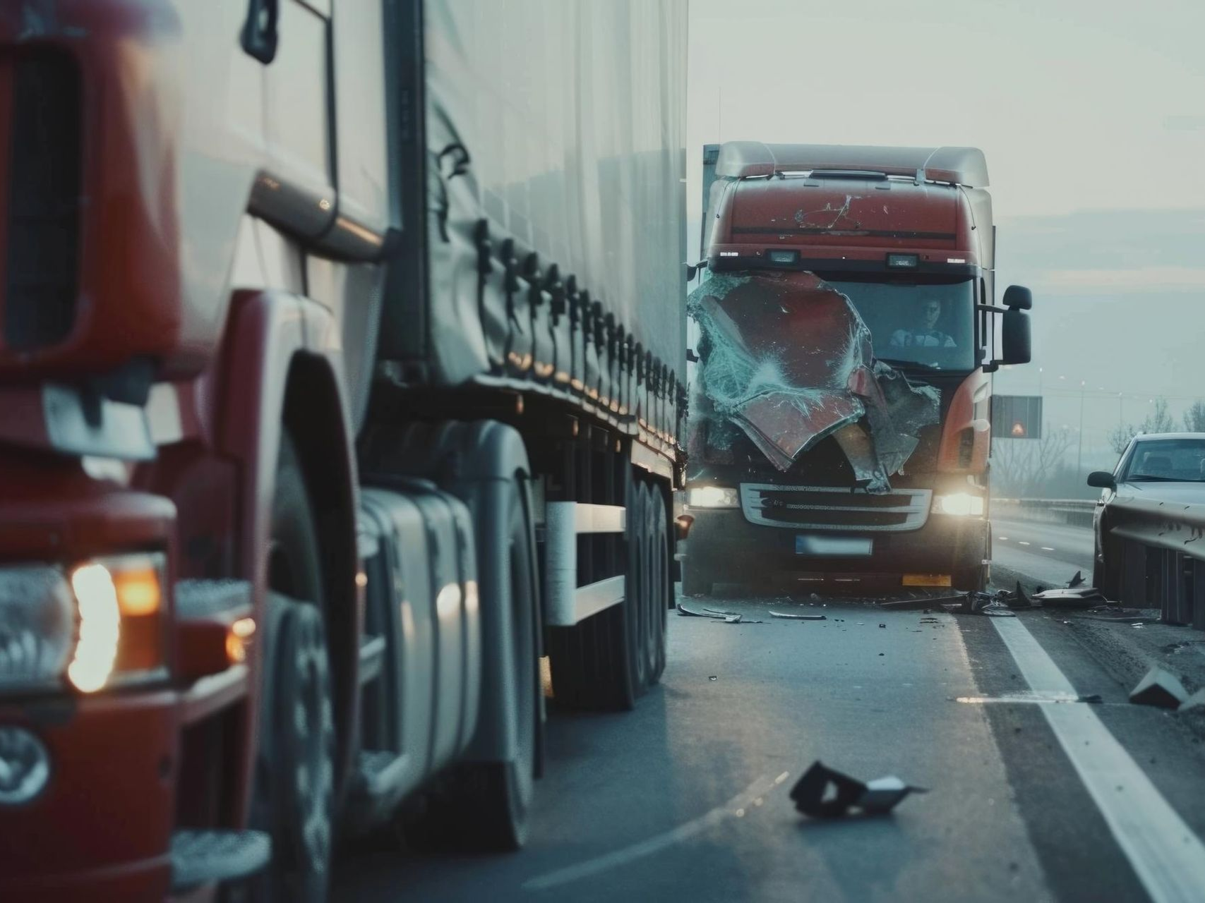 Two semi-trucks on a wet highway after a collision, one red cab damaged in the lane ahead