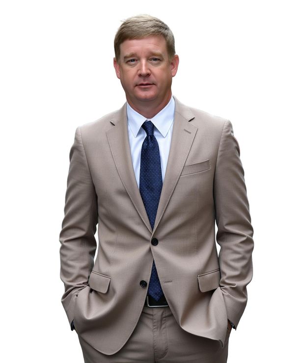 Man in a light gray suit and blue tie against a white background
